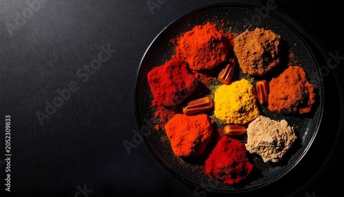 A colorful arrangement of spices on a dark plate, showcasing vibrant powders and dried ingredients.