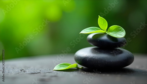 a stack of smooth black stones with green leaves balanced on top, representing tranquility and growth