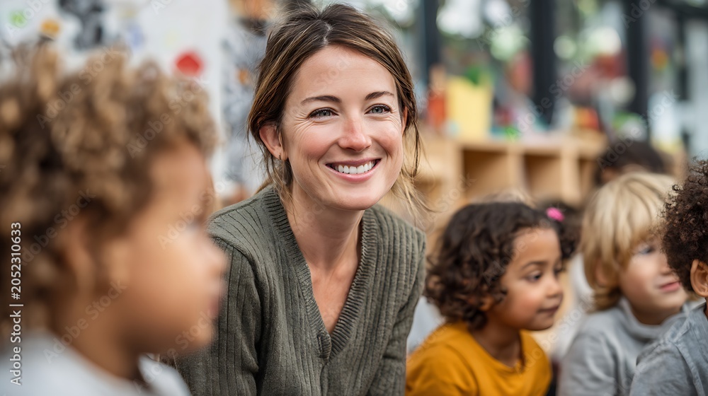 Obraz premium Smiling teacher engages with diverse preschool children in classroom setting with toys