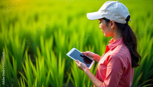 A female farmer attentively examining a tablet amidst a vibrant, sun-drenched rice paddy field. Her focus is on the technology, suggesting modern agricultural practices.