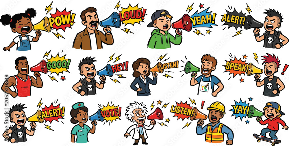 Obraz premium Comic Book Style People Shouting into Megaphones Sticker Set with Loud Speech Bubbles for Public Announcement Communication Vector Designs