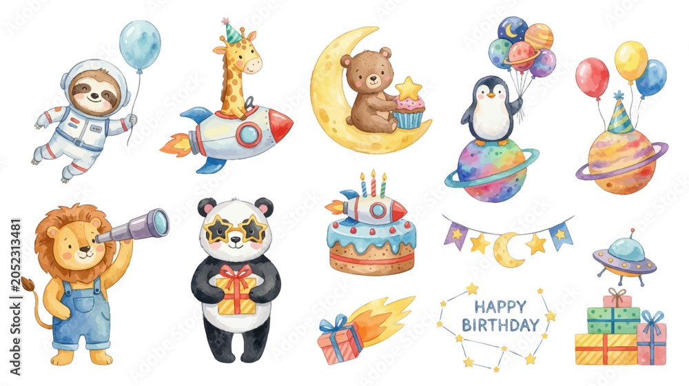 Fototapeta premium Cute watercolor space birthday clipart set with animals, rockets and festive cosmic elements. Collection of Vector illustrations for invitation, card, poster, banner, decoration