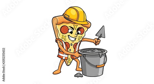 Cartoon dog wearing hard hat and carrying bucket.
