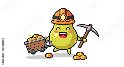 Cartoon gardener with wheelbarrow and tools.