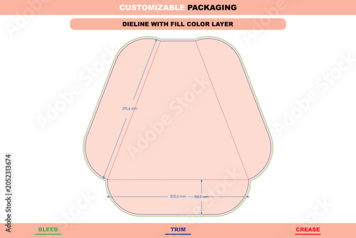 Photos Flat dieline template for a triangular pizza slice box with labeled bleed, trim,