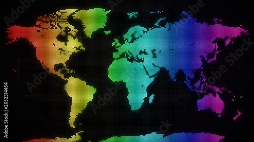 Dot matrix pixel art world map gradient blocks black background