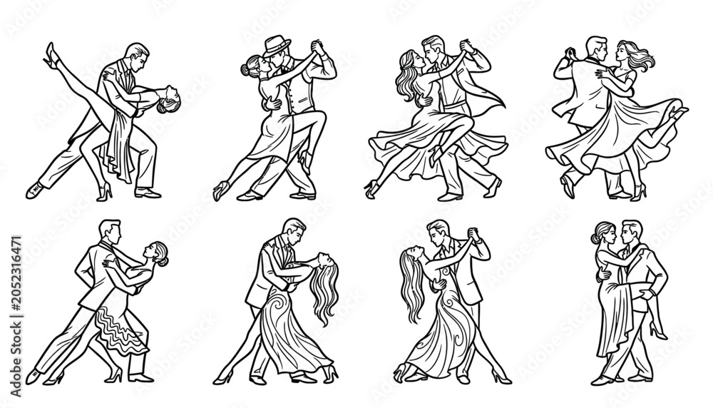 Fototapeta premium Elegant Ballroom Dance Couple Collection Romantic Dancing Vector Illustration Set 