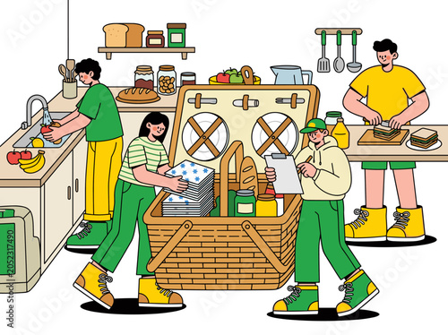 People working together in a kitchen preparing food and cleaning, communal effort and teamwork, healthy lifestyle, fresh produce and organized supplies