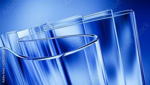 Transparent glass panels with blue reflective abstract background.