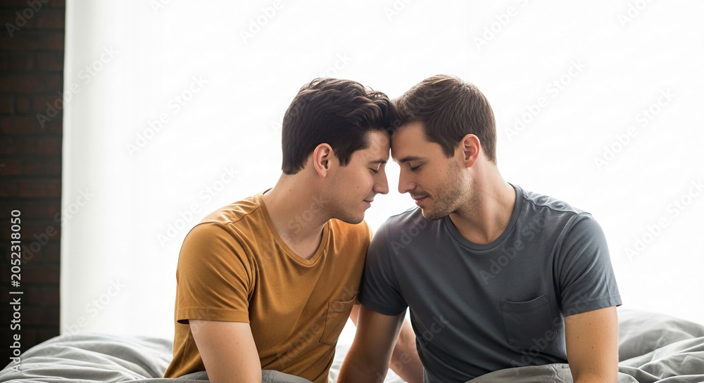 Fototapeta premium Two men leaning foreheads together in intimate embrace, symbolizing love, connection, and tender moments, representative of relationship and partnership.