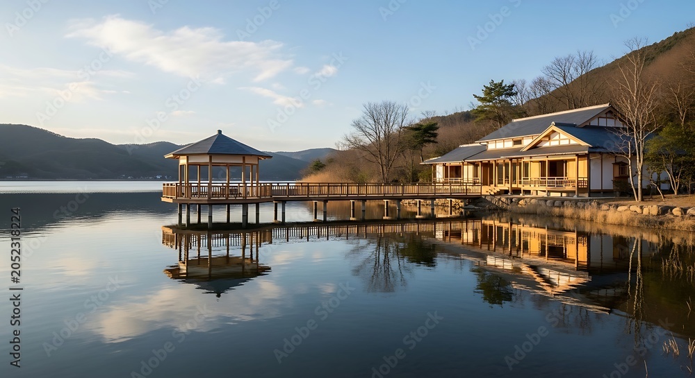 Obraz premium Serene lakeside retreat with traditional Japanese architecture and tranquil reflections.
