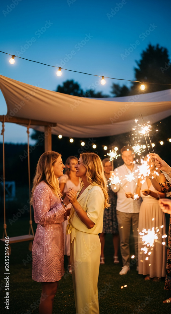 Fototapeta premium Couple celebrating with sparklers outdoors at dusk, surrounded by friends and string lights, signifying joy, togetherness, and celebration