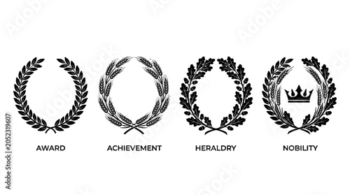 Black laurel, wheat and oak wreath silhouette vector set