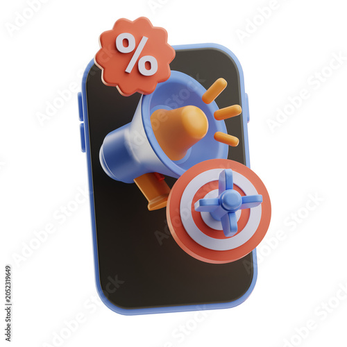 An illustration depicting a smartphone with digital marketing icons, including a megaphone, discount symbol,  