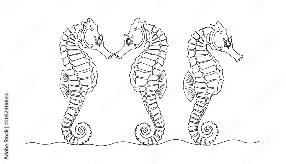Fototapeta premium Continuous Simple black line art drawing set of seahorse in a minimalist style on a white background.
