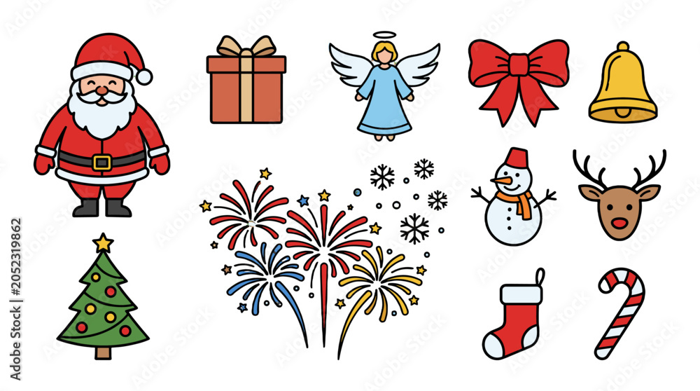 Obraz premium Christmas holiday line icon collection with festive colored symbols