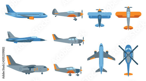 Set of airplane icons in flat vector style on white background