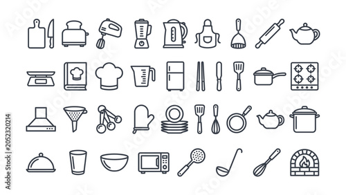 Foto Collection of cooking and kitchen utensil line art icons representing various cu