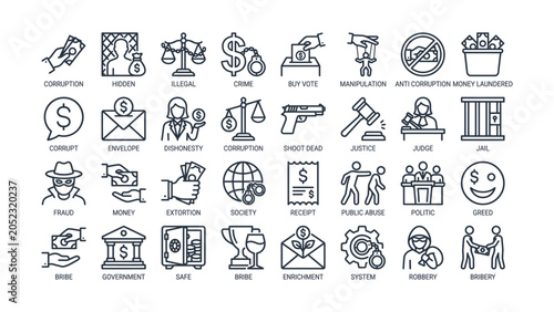 Obraz na płótnie Collection of line art icons representing financial crime and dishonesty in soci