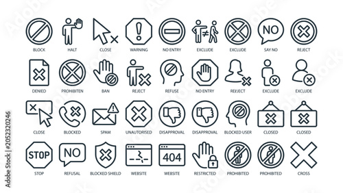 Schilderij op canvas Collection of line art icons representing rejection prohibition and access denia