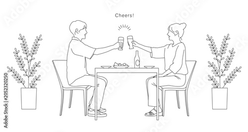 乾杯している男女の線画イラスト素材 ベクター お酒 ビール 家飲み 食事 白背景