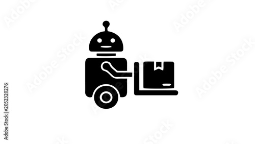 Robot, delivery bot, package delivery, logistics icon, black vector symbol