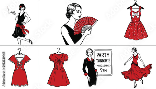 Bild auf Leinwand Vintage retro fashion vector collection featuring 1920s flapper women party dres