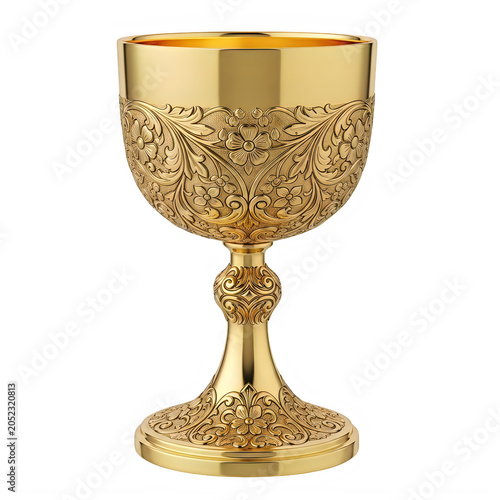 Golden ornate chalice on reflective surface