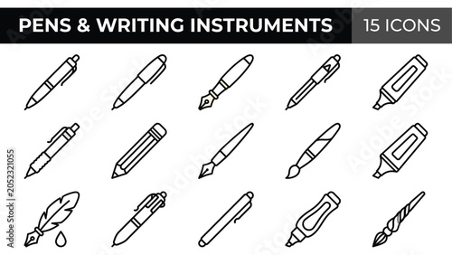 Canvastavla Collection of Pens and Writing Instruments Icons: Ballpoint, Fountain, Pencil, M