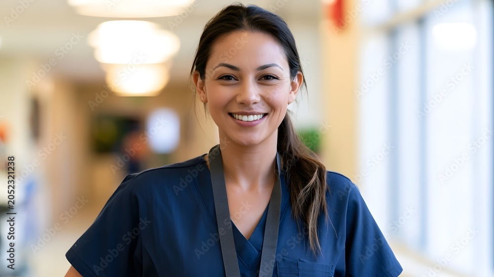Fototapeta premium A smiling healthcare professional in blue scrubs provides a warm and welcoming portrait in a bright hospital environment