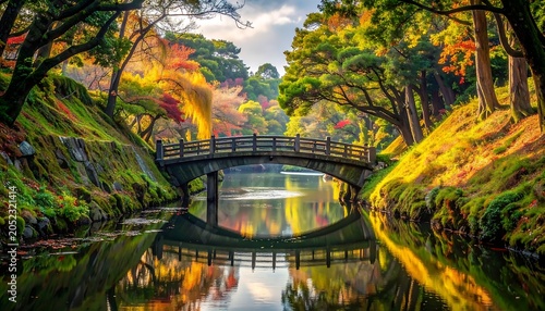 Serene autumn scene of a stone bridge arching over a tranquil canal, framed by lush trees displaying vibrant foliage