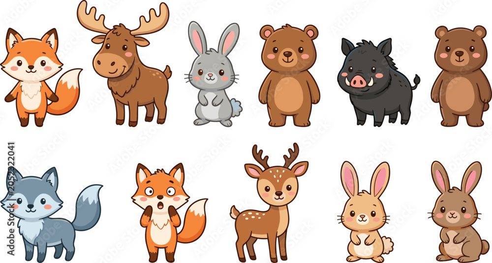 Fototapeta premium Cute Woodland Animal Cartoon Character Collection with Forest Wildlife Illustrations