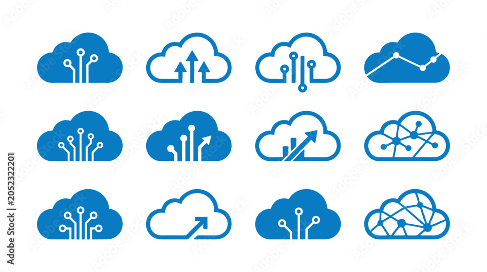 Obraz premium Blue cloud computing icon set with network and upload symbols