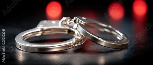 Handcuffs placed on a table with red lights shining in the background during nighttime hours