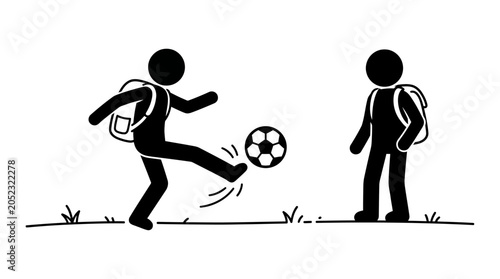 Tableau sur toile Stick figure school children playing soccer in a park