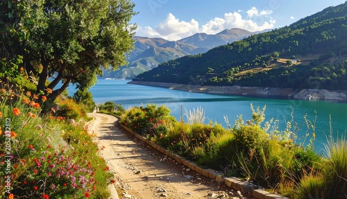 Scenic landscape featuring a winding path alongside a serene lake and lush greenery. Majestic mountains dominate the background under a sunny sky