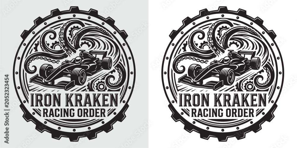 Naklejka premium Iron Kraken Racing Order F1 Race Car and Tentacles Logo