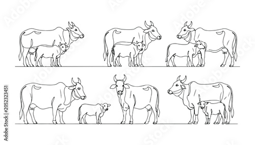 Fotografie Continuous Simple black line art drawing set of cow in a minimalist style on a white background