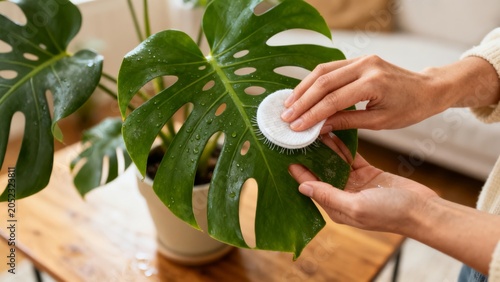 Woman cleaning monstera deliciosa leaf for healthy plant care