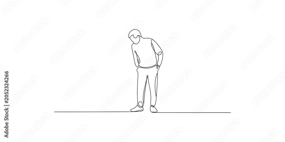 Obraz premium Continuous line drawing of a man standing with his hands on his hips and looking down in a simple style