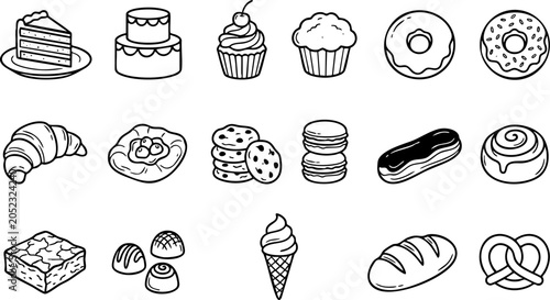 Foto Bakery and pastry selection hand drawn doodles set featuring various sweet baked