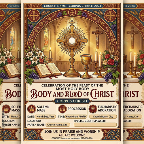 Corpus christi religious celebration template with monstrance and chalice