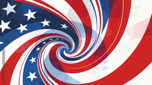 Quadro su tela Abstract swirling vortex of red, white, and blue stripes and stars, evoking a patriotic American theme
