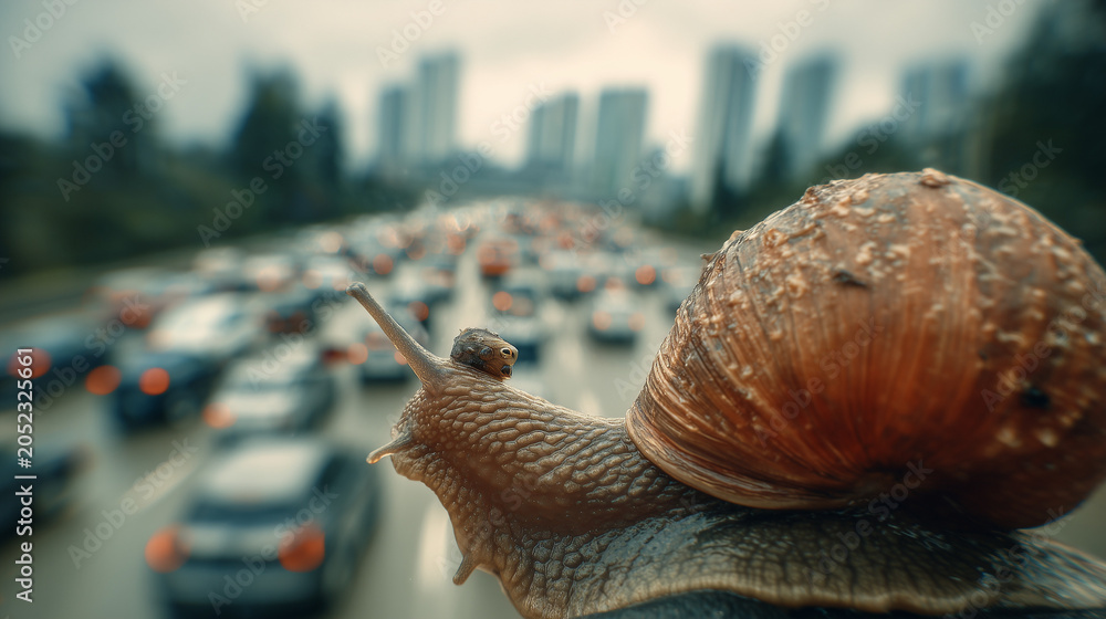 Obraz premium Giant snail overlooking highway traffic jam with city skyline, slow speed concept.