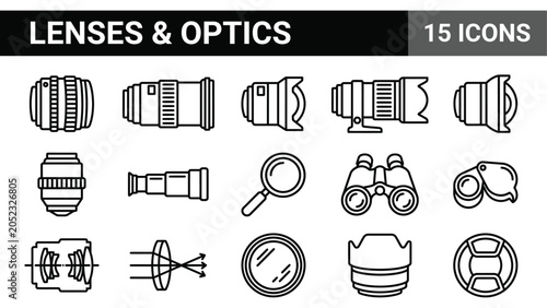 Cuadro en lienzo Lenses and Optics Icon Set: Camera Lenses, Magnifying Glass, Binoculars, Telesco