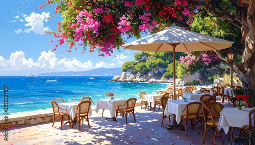 Scenic seaside cafe overlooking the ocean under a flowering tree with white tables and chairs. Sunny day
