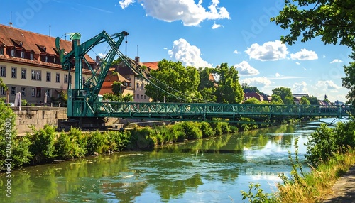 Scenic shot of a green bridge spanning a river, with buildings in the background under a blue sky