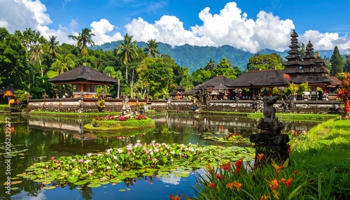 Scenic shot of a traditional temple complex with tiered roofs on a serene lake, lush greenery, and distant mountains