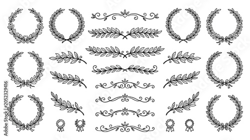 Hand drawn laurel wreaths and ornamental floral divider set