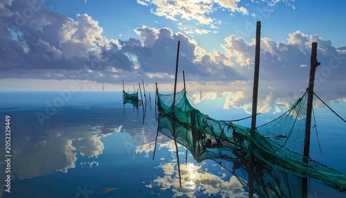 Scenic shot of fishing nets in a calm body of water with dramatic cloud formations. The scene reflects a serene, natural environment